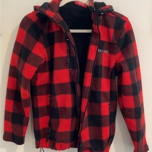 Red and Black Plaid Puffer Jacket with Hood